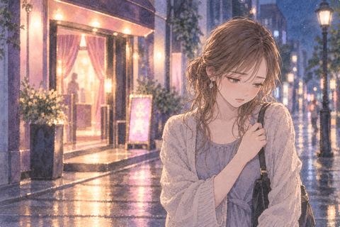 店を出たあと浮かない表情で立つ女性