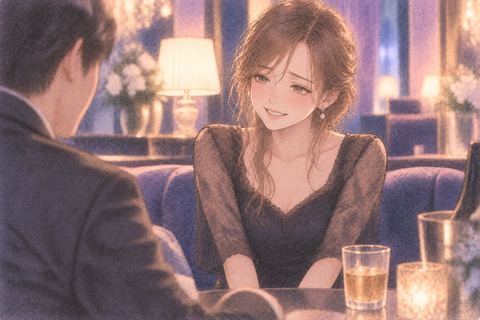 店内で無理に笑顔を作る女性