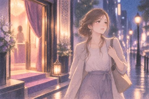 店をあとにして静かに歩き出す女性