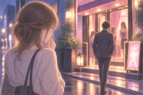 店へ向かう彼氏を不安そうに見つめる女性