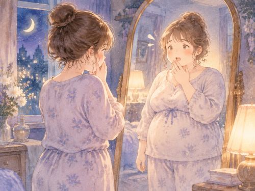 鏡の前で変化した姿を見る女性