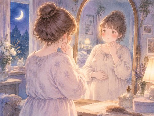 鏡に映る女性と柔らかな夜の光