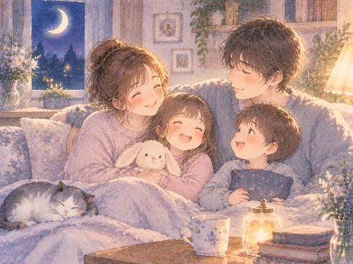 家族が寄り添う夜の夢の場面