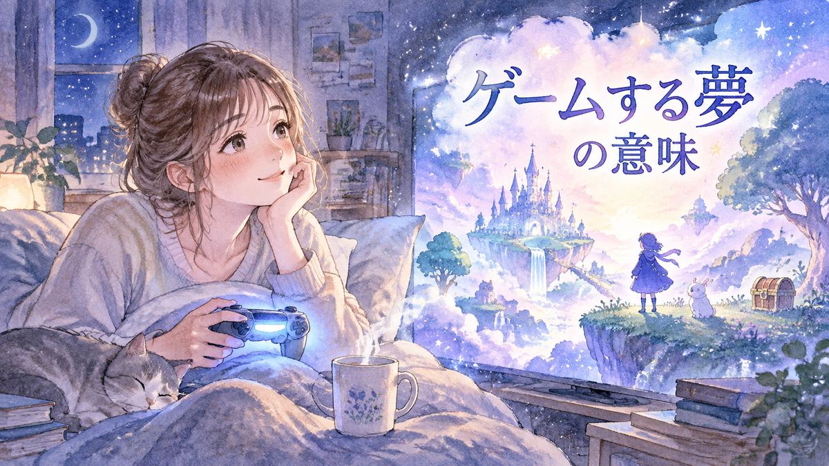 夜の部屋で夢のゲーム画面を見る女性と光るコントローラー