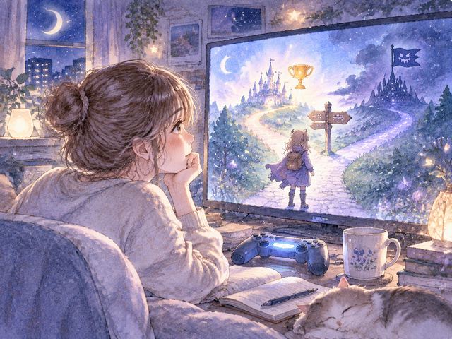 夜の中でゲーム画面と分かれた道を見つめる人物