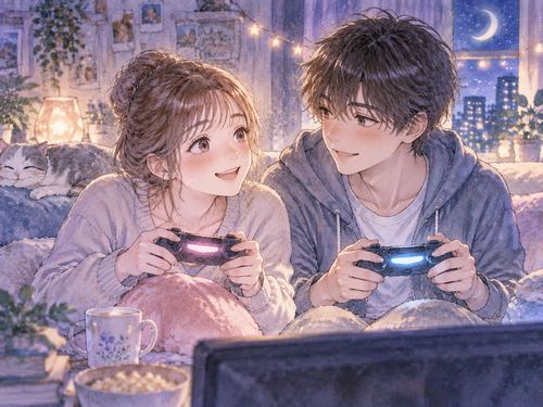 二人の人物が夜にゲームを楽しむ水彩イラスト