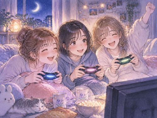 友達同士がゲームを囲んで笑う水彩イラスト