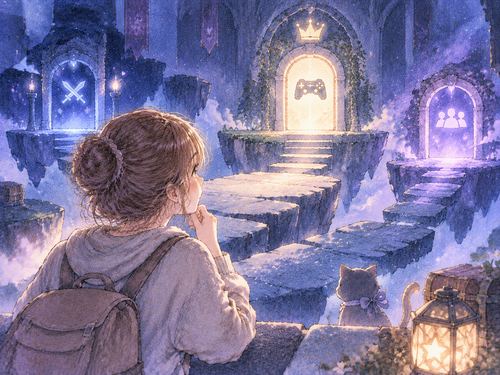 幻想的なゲーム空間で考える人物の水彩イラスト