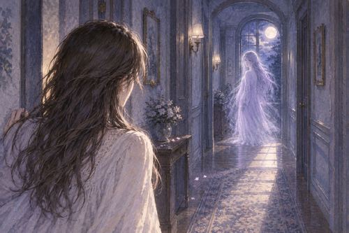 夜の廊下で淡い幽霊の姿に気づく人物