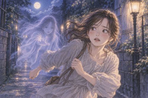 夜道で淡い幽霊から距離を取ろうと走る人物