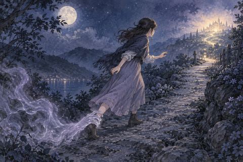 前へ進もうとする人物の足元に淡い手の影が伸びる夢の場面