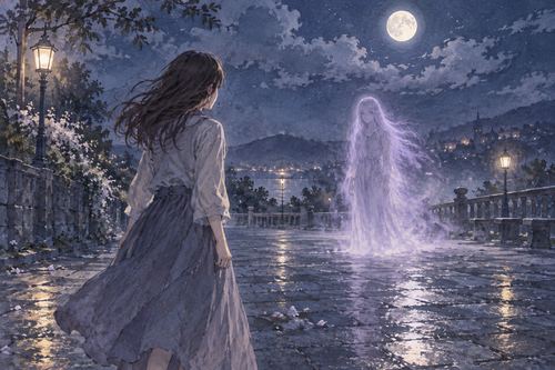 月明かりの中で幽霊に向き直る人物