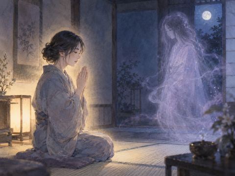 夜の部屋で手を合わせ幽霊に向かってお経を唱える人物