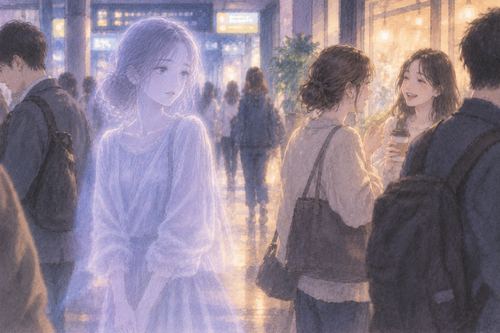 人々のそばに立ちながら気づかれていない半透明の人物