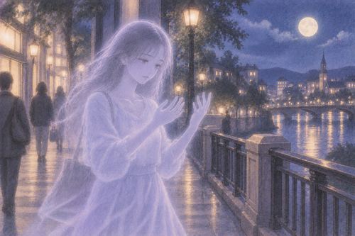 夜の街を半透明の姿で静かに歩く人物