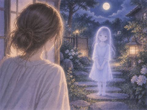 月明かりの庭で静かに立つ子供の幽霊を見つめる人物