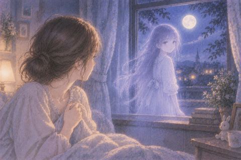 夜の窓辺に立つ少女の幽霊を見つめる人物