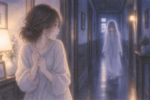 夜の廊下で近づく幽霊に緊張して立ち止まる人物
