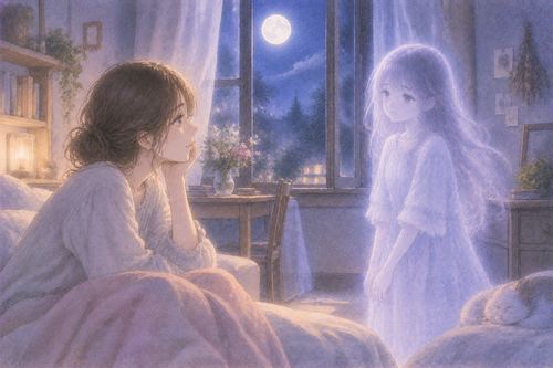 月明かりの部屋で穏やかに幽霊を見つめる人物