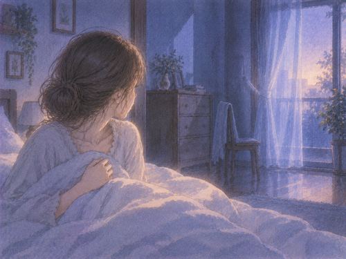 夜明け前の寝室で目覚めて部屋の気配を確かめる人物
