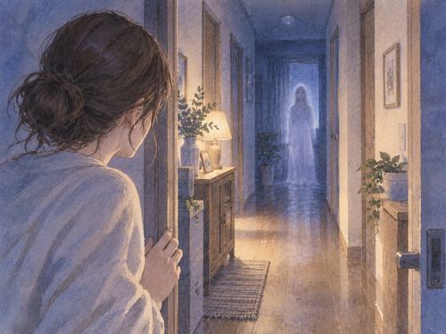 夜の自宅の廊下に立つ淡い幽霊を見つめる人物