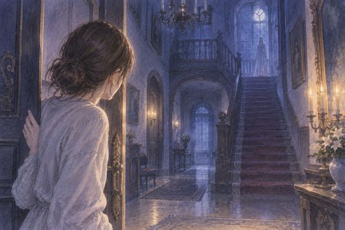 月夜の古い洋館の玄関で奥を見つめる人物