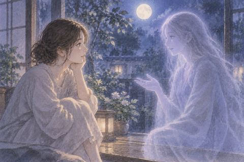 月明かりの中で幽霊と向かい合って話す人物