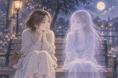 夜のベンチで穏やかに並ぶ人物と淡い幽霊