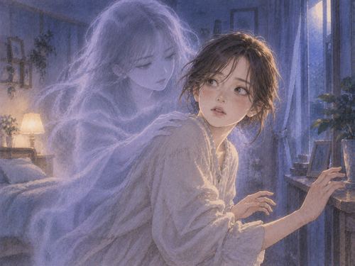 背後の淡い幽霊の影に包まれ動きにくそうな人物