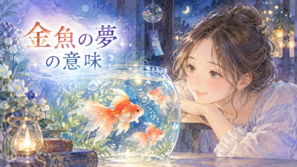 夜の水槽で金魚を見つめる穏やかな大人の女性