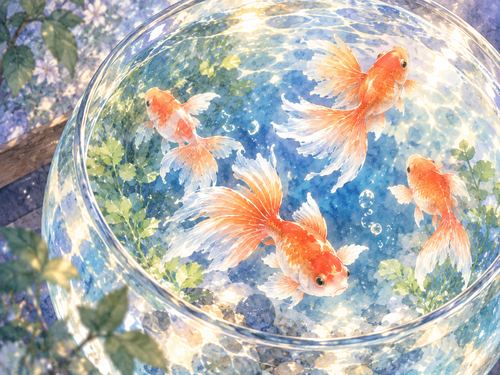 澄んだ水の中を元気に泳ぐ金魚