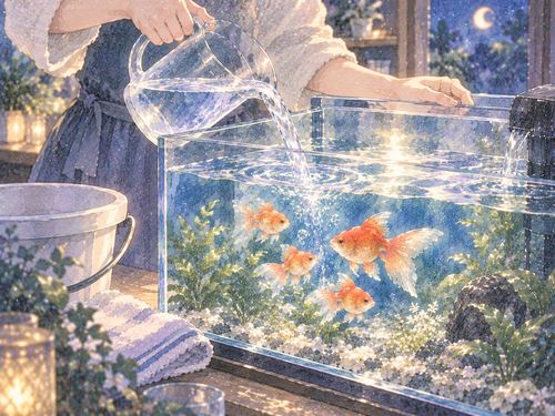 金魚を守りながら水槽の水換えをする手元