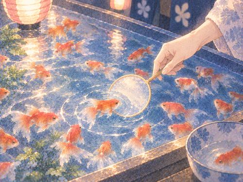 夜店の水槽で金魚すくいをする手元