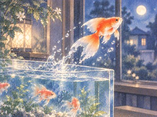 水槽の水面から外へ飛び出す金魚