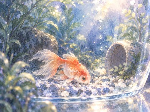 水槽の底近くで弱っている金魚