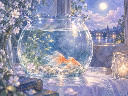 静かな水面と動かなくなった金魚を象徴的に描いた場面