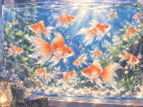 水の中を群れになって泳ぐたくさんの金魚