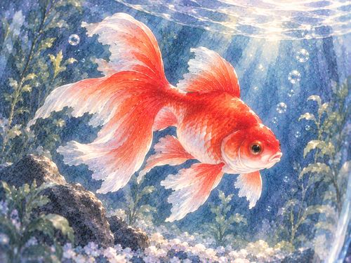 青い水の中を泳ぐ鮮やかな赤い金魚