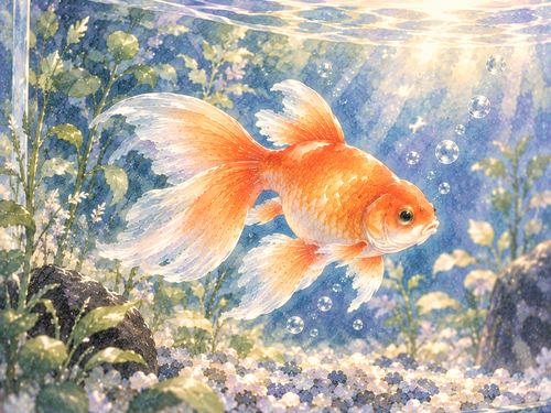 柔らかな光の中を泳ぐオレンジ色の金魚