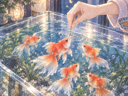 水槽の金魚へ餌をあげる女性の手
