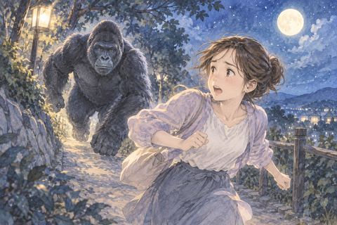 大きなゴリラから走って離れる女性