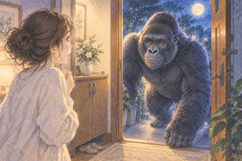 家の玄関に入ってくるゴリラを見る女性