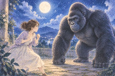 ゴリラと向き合い身構える女性