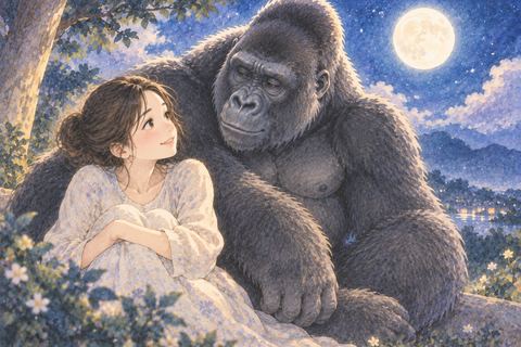 穏やかなゴリラに寄り添われる女性