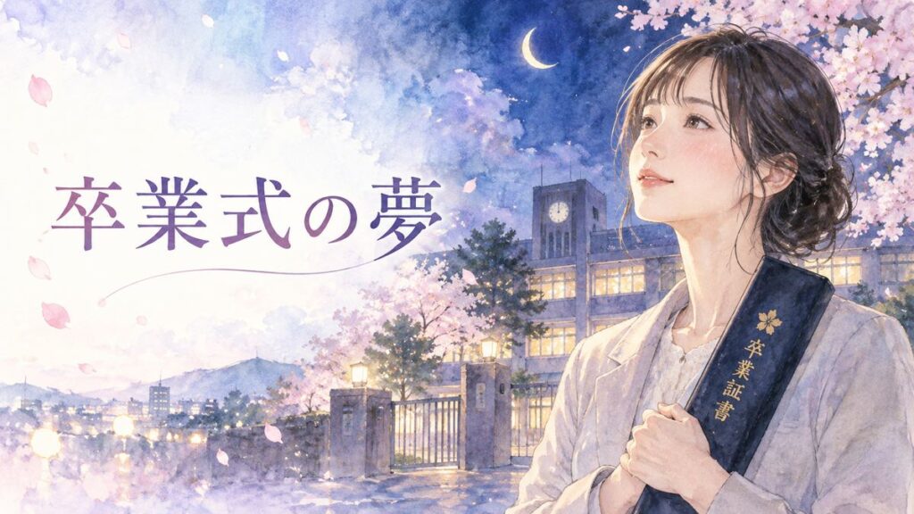 卒業証書を抱えて夜の校舎を見つめる大人の女性