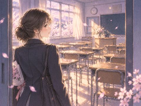 卒業後の教室を名残惜しそうに見つめる女性