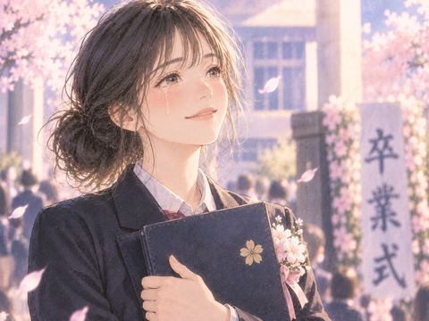 卒業式で涙を浮かべながら微笑む女性