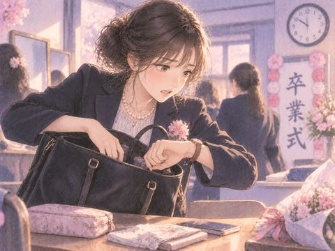 卒業式前に持ち物を探して焦る女性