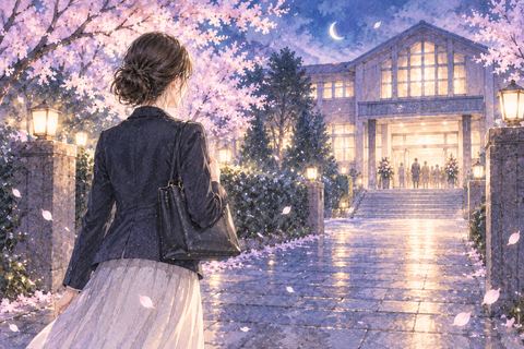 卒業式の会場へ続く道を歩く女性