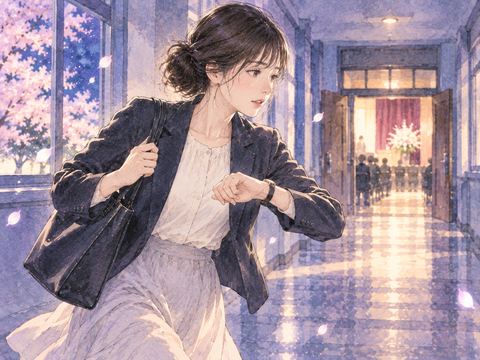 時計を気にしながら卒業式へ急ぐ女性